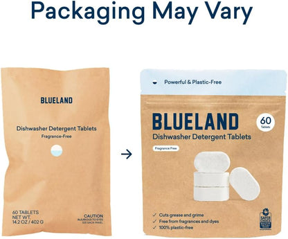 BLUELAND 100% Plastic-Free Dishwasher Detergent Tablets, 60 Count, Free & Clear, Eco-Friendly Dishwashing Pods, Natural, USDA Certified biobased
