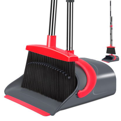Broom and Dustpan Set for Home, Broom and Dustpan Combo for Office, Long Handle Broom with Upright Standing Dust pan,Indoor&Outdoor Sweeping (Gray&Orange)