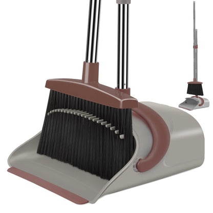 Broom and Dustpan Set for Home, Broom and Dustpan Combo for Office, Long Handle Broom with Upright Standing Dust pan,Indoor&Outdoor Sweeping (Gray&Orange)