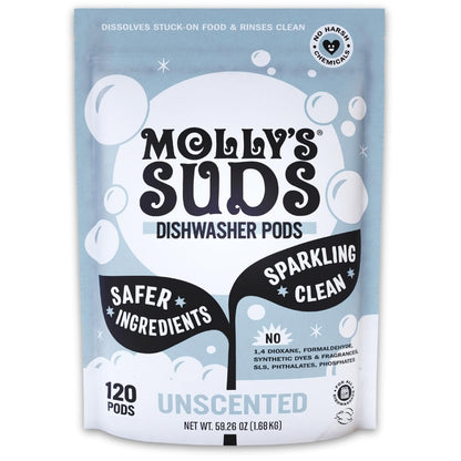 Molly's Suds Dishwasher Pods | Clean Dishwasher Detergent, Cuts Grease & Rinses Clean (Residue-Free) for Sparkling Dishes | 60 Auto-Release Tabs (Unscented)