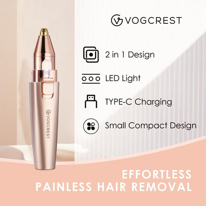 VG VOGCREST Eyebrow & Facial Trimmer: 2 in1 Rechargeable Facial Hair Removal & Eyebrow Shaver - Body Razor with Built-in LED Light (Rose Gold)
