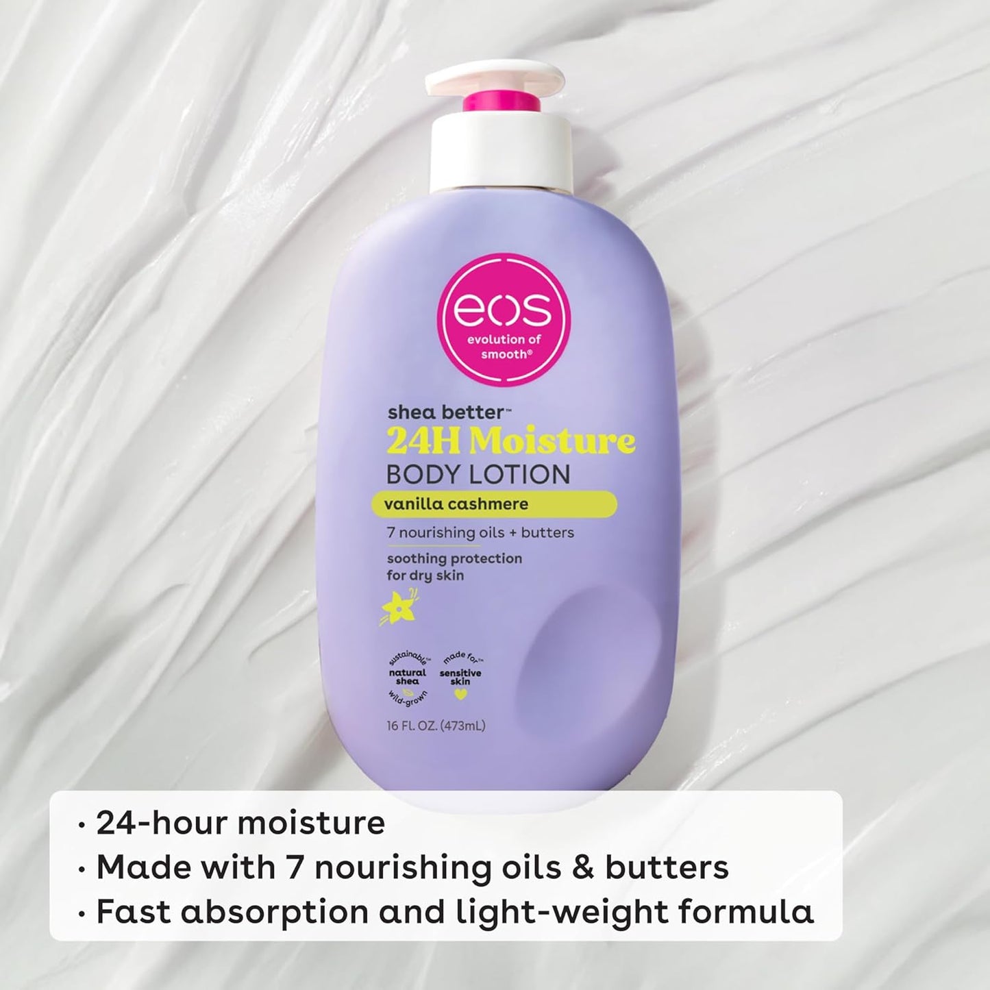 eos Shea Better Body Lotion Vanilla Cashmere, 24-Hour Moisture Skin Care, Lightweight & Non-Greasy, Natural Shea, Vegan, Vanilla Body Lotion, 16 fl oz