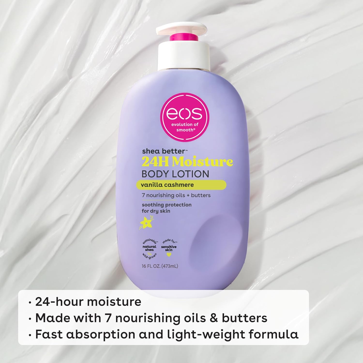eos Shea Better Body Lotion Vanilla Cashmere, 24-Hour Moisture Skin Care, Lightweight & Non-Greasy, Natural Shea, Vegan, Vanilla Body Lotion, 16 fl oz