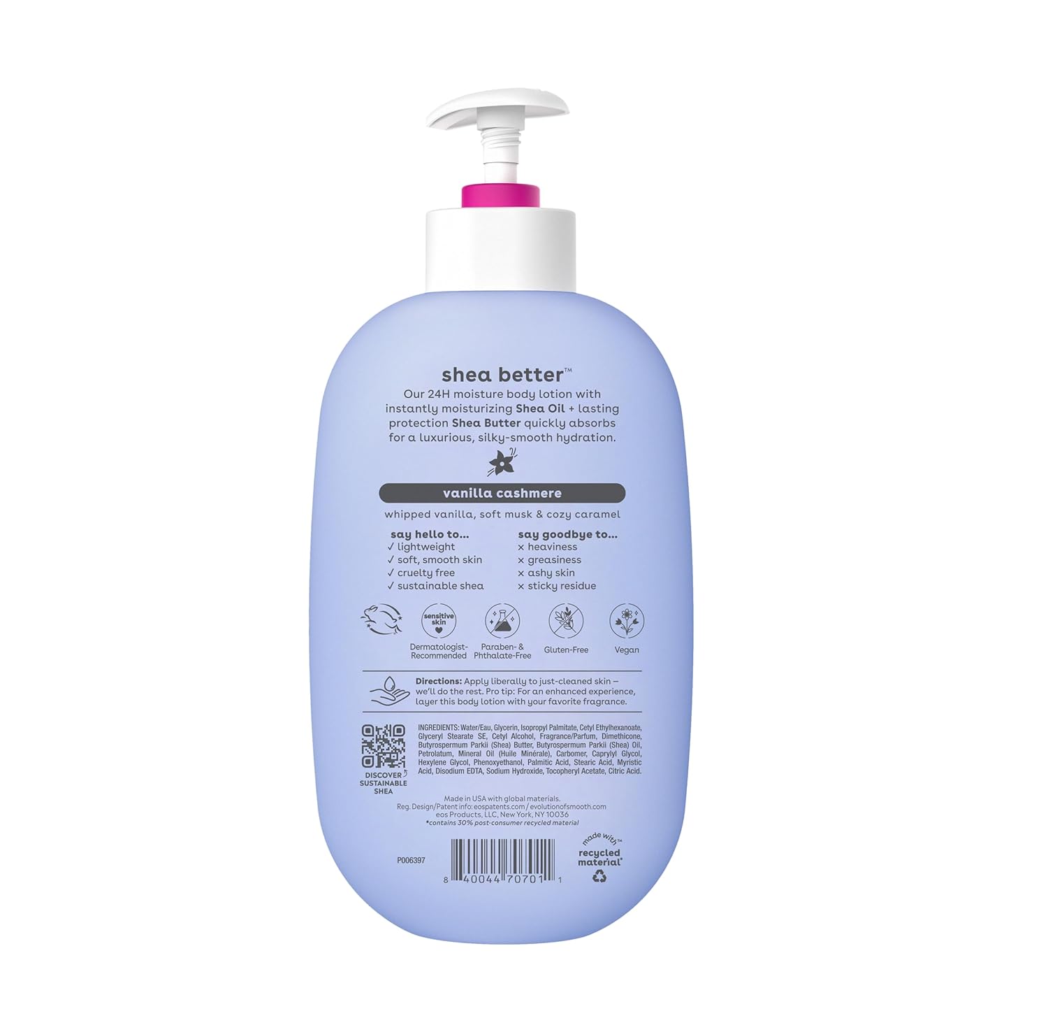 eos Shea Better Body Lotion Vanilla Cashmere, 24-Hour Moisture Skin Care, Lightweight & Non-Greasy, Natural Shea, Vegan, Vanilla Body Lotion, 16 fl oz