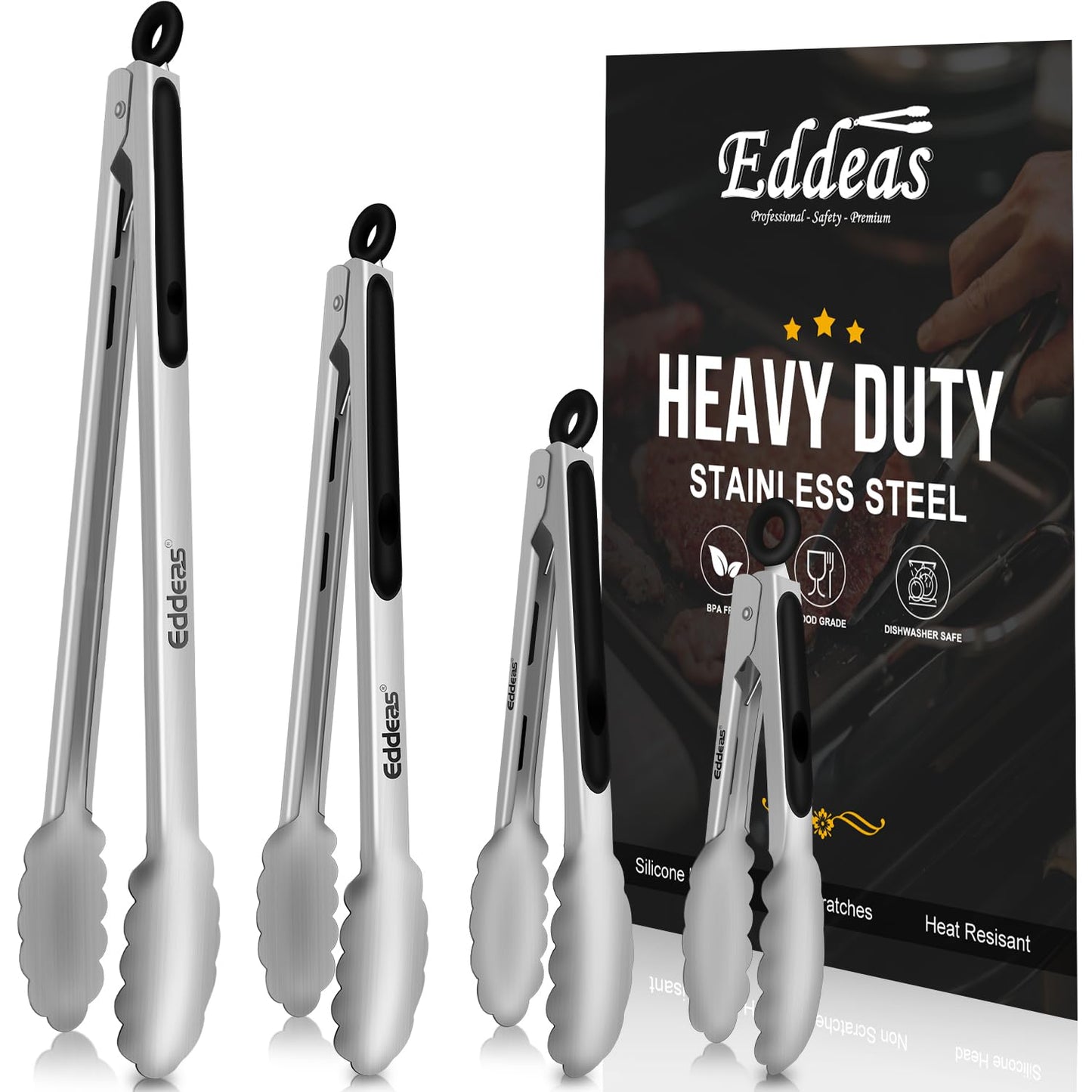 Tongs For Cooking - Heat Resistant 600 Degrees Stainless Steel Kitchen Tong,Heavy Duty Metal Locking Tongs - Perfect for Food,Salad and BBQ set of 3 (7",9" and 12") Dishwasher