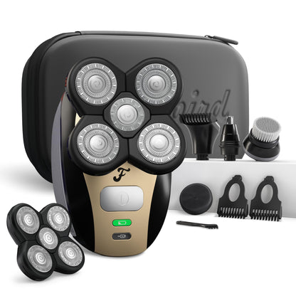 Freebird FlexSeries Electric Head & Body Hair Shaver - Mens Cordless Rechargeable Wet/Dry Skull Bald Head Back & Groin Waterproof Razor with Rotary Blades, Clippers, Nose Trimmer, Brush, Massager