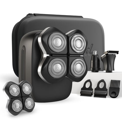 Freebird FlexSeries Electric Head & Body Hair Shaver - Mens Cordless Rechargeable Wet/Dry Skull Bald Head Back & Groin Waterproof Razor with Rotary Blades, Clippers, Nose Trimmer, Brush, Massager