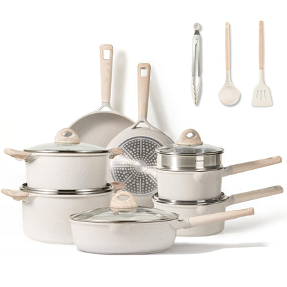 CAROTE 21Pcs Pots and Pans Set, Nonstick Cookware Sets, White Granite Induction Cookware Non Stick Cooking Set w/Frying Pans & Saucepans(PFOS, PFOA Free)