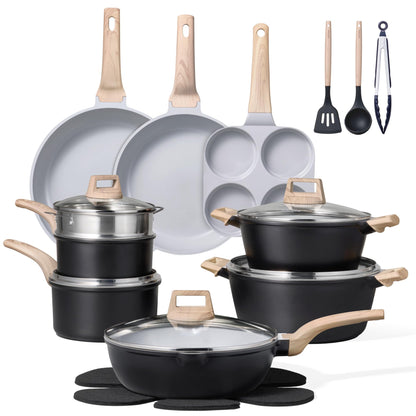 CAROTE 21Pcs Pots and Pans Set, Nonstick Cookware Sets, White Granite Induction Cookware Non Stick Cooking Set w/Frying Pans & Saucepans(PFOS, PFOA Free)