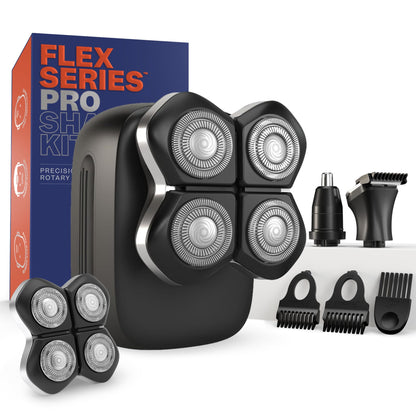 Freebird FlexSeries Electric Head & Body Hair Shaver - Mens Cordless Rechargeable Wet/Dry Skull Bald Head Back & Groin Waterproof Razor with Rotary Blades, Clippers, Nose Trimmer, Brush, Massager