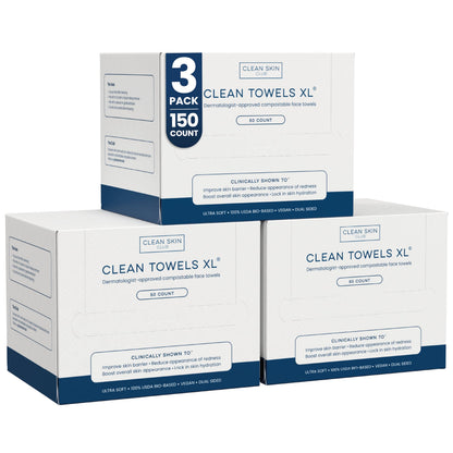 Clean Skin Club Clean Towels XL®, 100% USDA Biobased Face Towel, Disposable Face Towelette, Eczema Association Accepted, Makeup Remover Dry Wipes, Ultra Soft, 1 Pack, 50 Ct