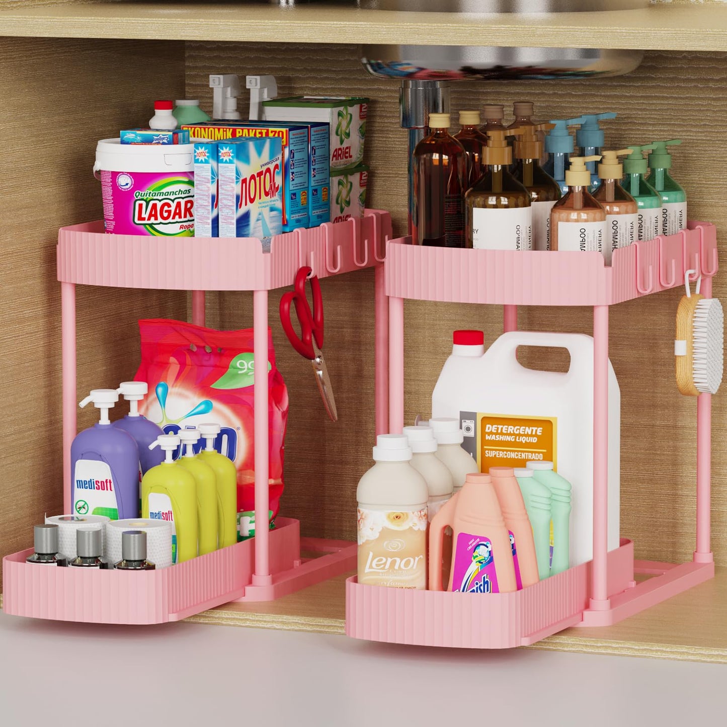 Multi-Purpose Pull-Out Storage Organizers, Under Sink/Cabinet Organizers and Storage for Bathroom & Kitchen, Black, 12.8 Inches, 2 Packs