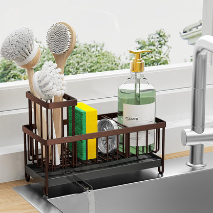 Cisily Sponge Holder for Kitchen Sink, Sink Caddy Organizer with High Brush Holder, Kitchen Countertop Organizers and Storage Essentials, Rustproof 304 Stainless Steel (Black, 9.25″)