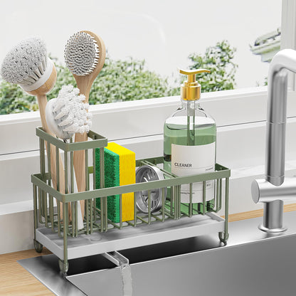 Cisily Sponge Holder for Kitchen Sink, Sink Caddy Organizer with High Brush Holder, Kitchen Countertop Organizers and Storage Essentials, Rustproof 304 Stainless Steel (Black, 9.25″)