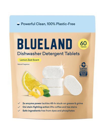 BLUELAND 100% Plastic-Free Dishwasher Detergent Tablets, 60 Count, Free & Clear, Eco-Friendly Dishwashing Pods, Natural, USDA Certified biobased
