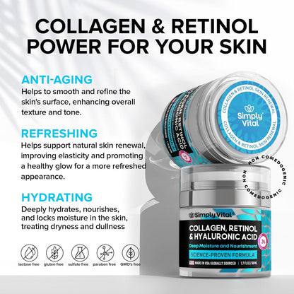 Anti-Aging Face Moisturizer with Retinol, Collagen & Hyaluronic Acid - Made in USA - Moisturizer Face Cream for Women & Men - Firming & Hydrating Neck Cream - Day & Night Skin Care - 1.7 fl oz