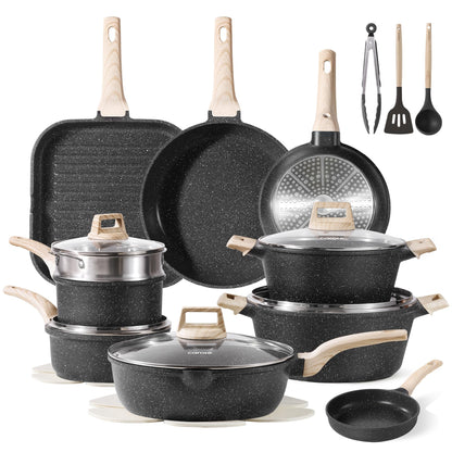 CAROTE 21Pcs Pots and Pans Set, Nonstick Cookware Sets, White Granite Induction Cookware Non Stick Cooking Set w/Frying Pans & Saucepans(PFOS, PFOA Free)